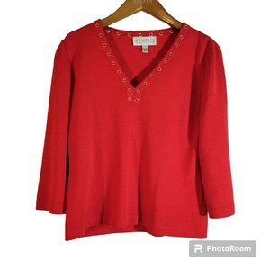 St John Collection Santana Knit Sweater Womens XS Red Wool Blend V Neck